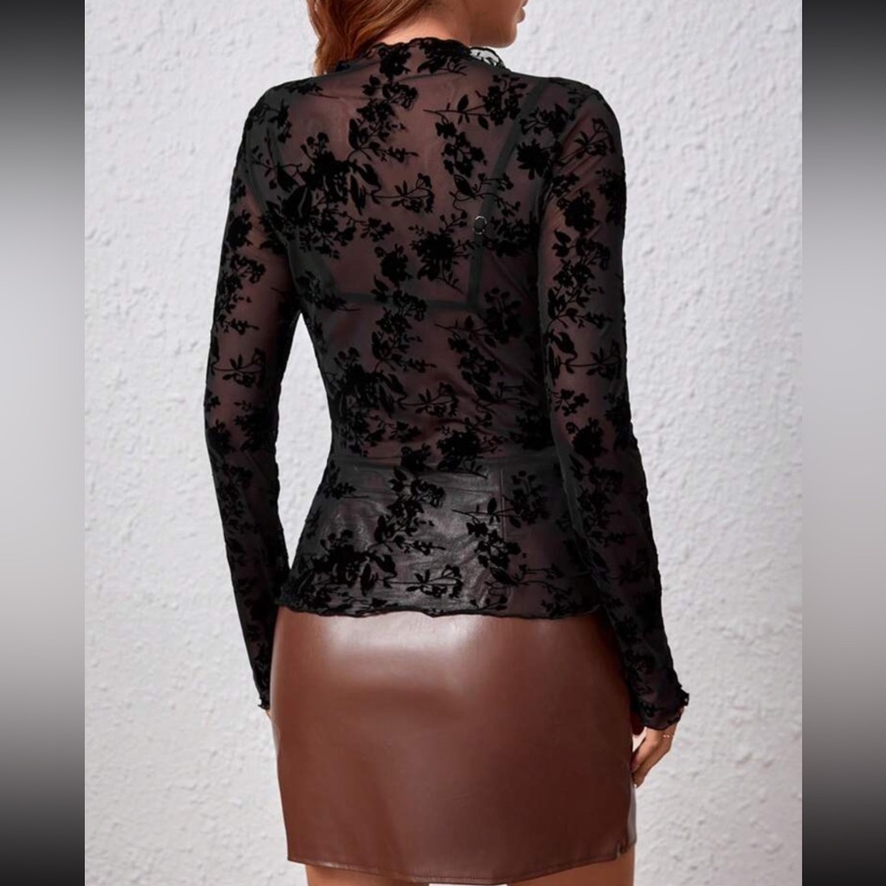 Black Floral Pattern Mesh Long Sleeve Fitted Sheer Shirt Stretchy - Picture 2 of 6